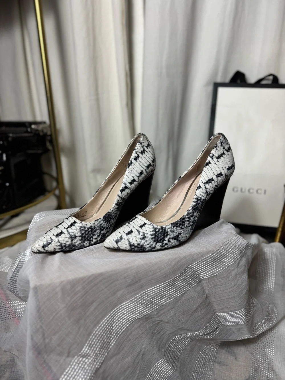 Coach Black and White Snakeskin Pointed Wedge Pumps